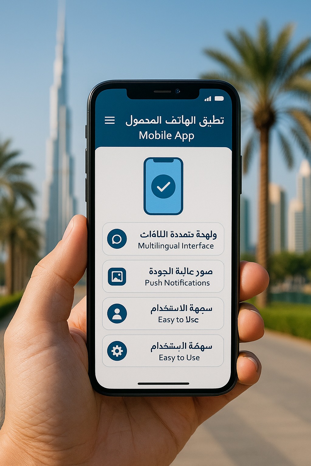 هاتف ذكي يعرض تطبيقاً متعدد اللغات (عربي وإنجليزي) مع خلفية ناطحات سحاب دبي