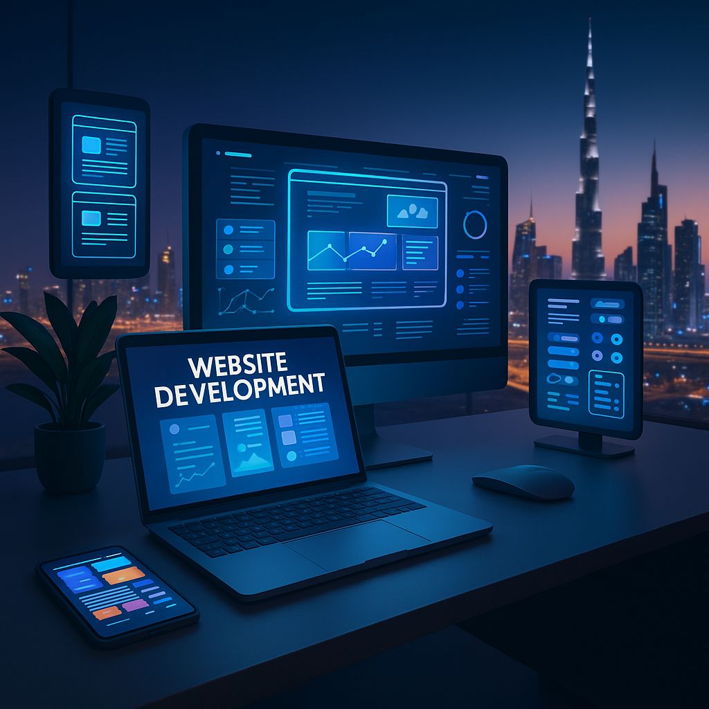 AI-powered website development interface with multi-device screens in Dubai’s digital skyline