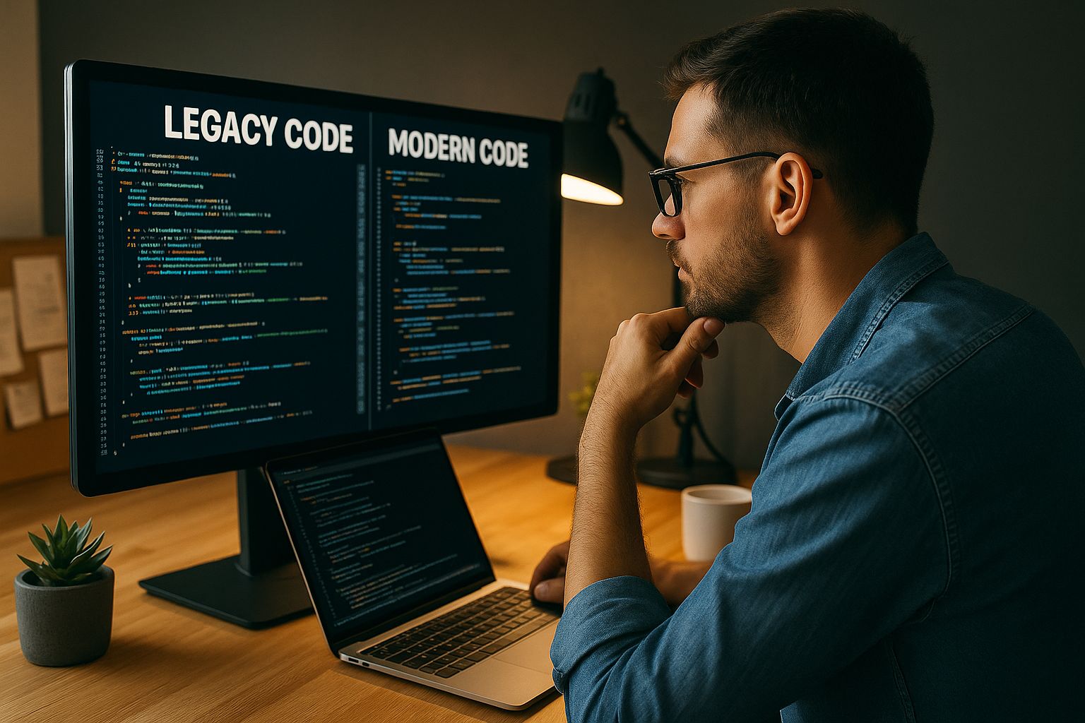 Developer comparing legacy code with modern code for improved mobile app performance and reduced maintenance costs