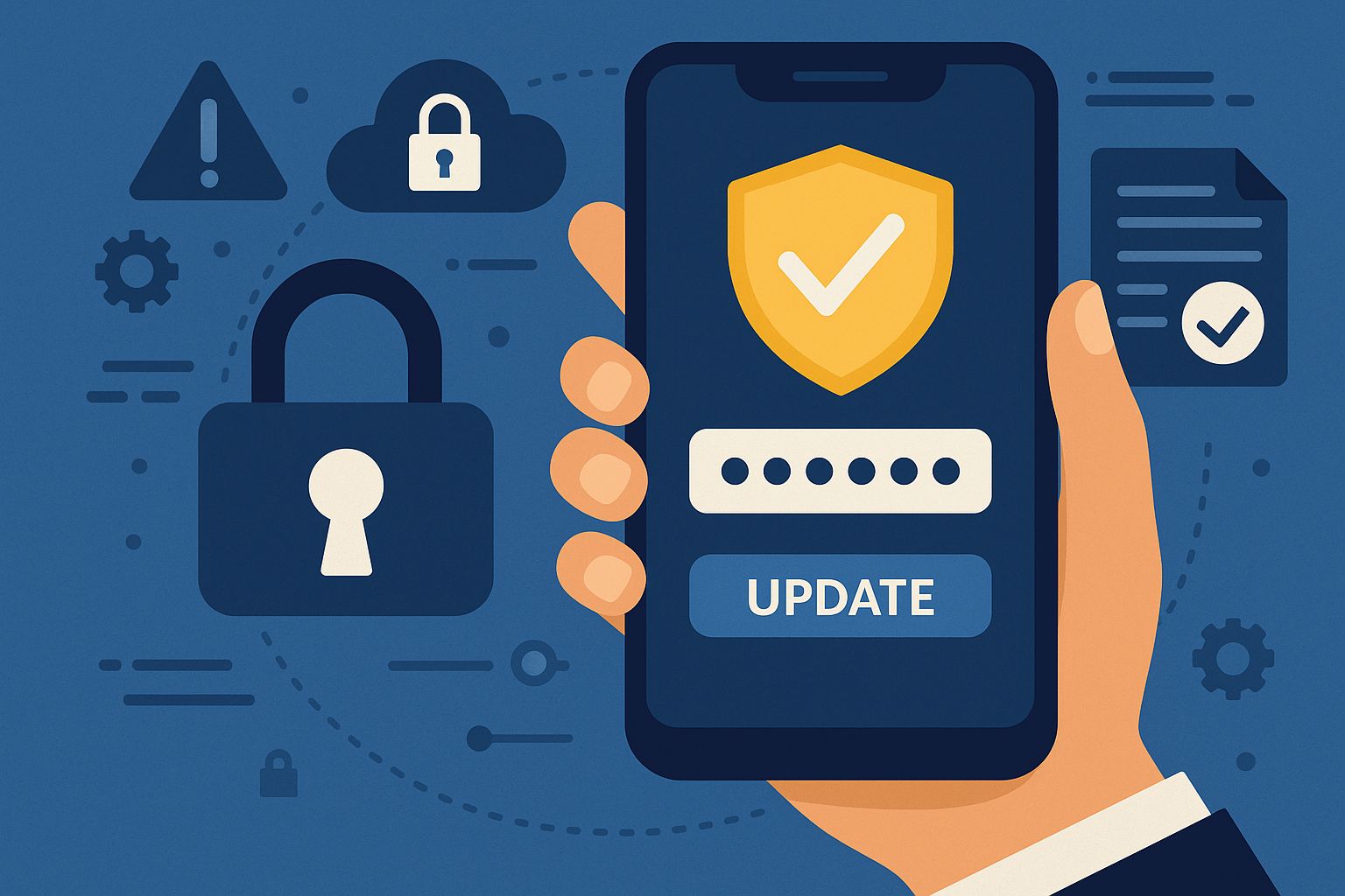 Smartphone showing app security update screen with shield icon, representing enhanced mobile app security and compliance
