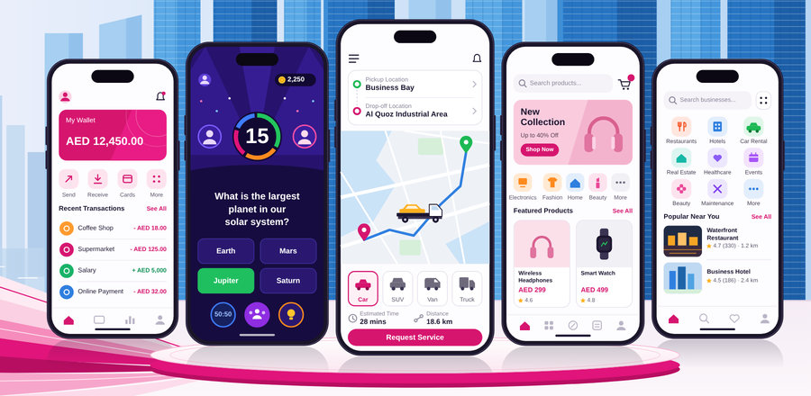 Five mobile app screens: wallet, quiz game, delivery tracking, online store and business directory
